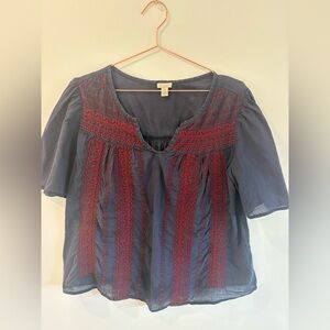 Hinge Navy Embroidered Boho Peasant Top – Size M